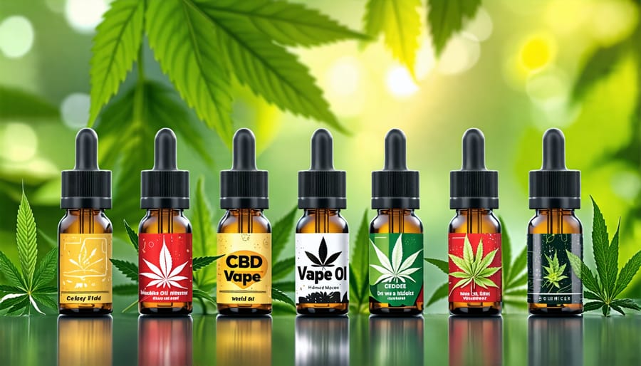 Different CBD vape oil bottles showing distinct flavor options