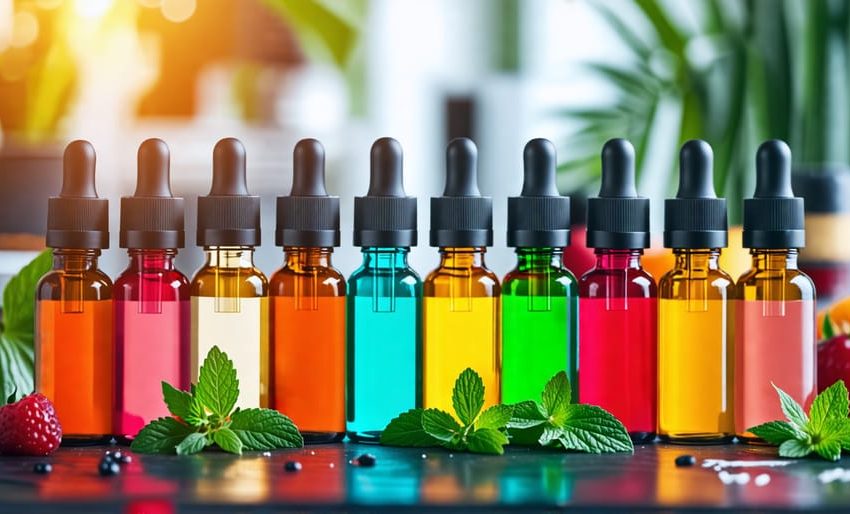 A close-up view of different CBD vape oil bottles featuring labels for mint, fruit, and dessert flavors, displayed in a modern vaping setting.