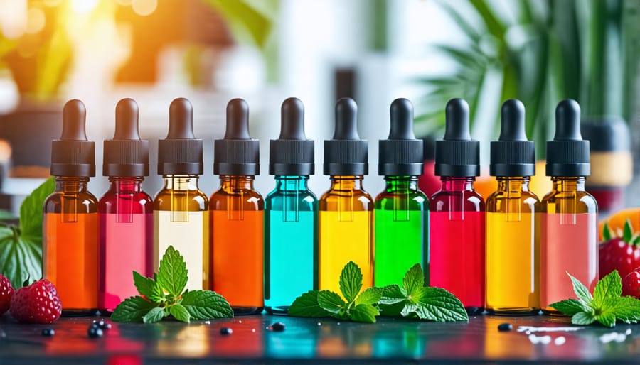 A close-up view of different CBD vape oil bottles featuring labels for mint, fruit, and dessert flavors, displayed in a modern vaping setting.