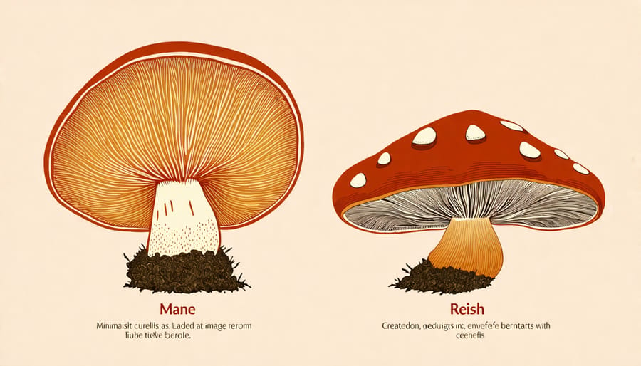 Visual representation of Lion’s Mane and Reishi mushrooms with annotated health benefits