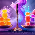 A balance scale depicting mushroom gummies on one side and a vaporizer on the other, with colorful vapor swirls and subtle silhouettes of Lion’s Mane and Reishi mushrooms in the background, representing the choice in modern wellness practices.