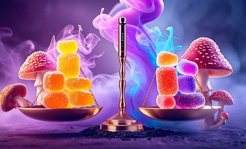 A balance scale depicting mushroom gummies on one side and a vaporizer on the other, with colorful vapor swirls and subtle silhouettes of Lion’s Mane and Reishi mushrooms in the background, representing the choice in modern wellness practices.