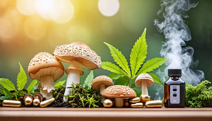 Different types of mushroom supplements displayed alongside a vaping device